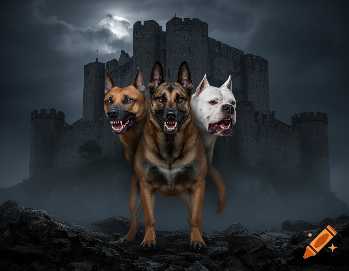 A menacing three-headed dog with bared teeth stands before a dark, ominous castle under a full moon in a photorealistic style.