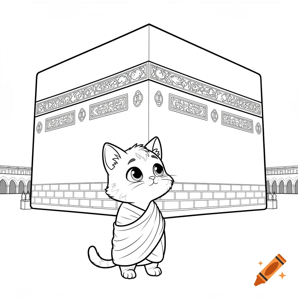 Black and white line art coloring page of a cute cartoon cat wearing an ihram cloth, standing in front of the Kaaba.