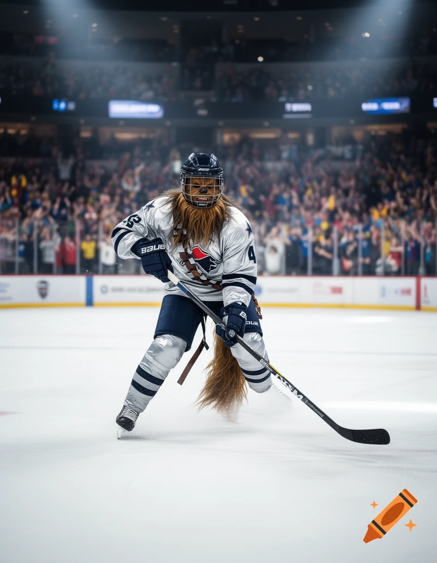 Photorealistic image of Chewbacca in hockey gear, skating on an ice rink with a stick in a stadium filled with spectators.