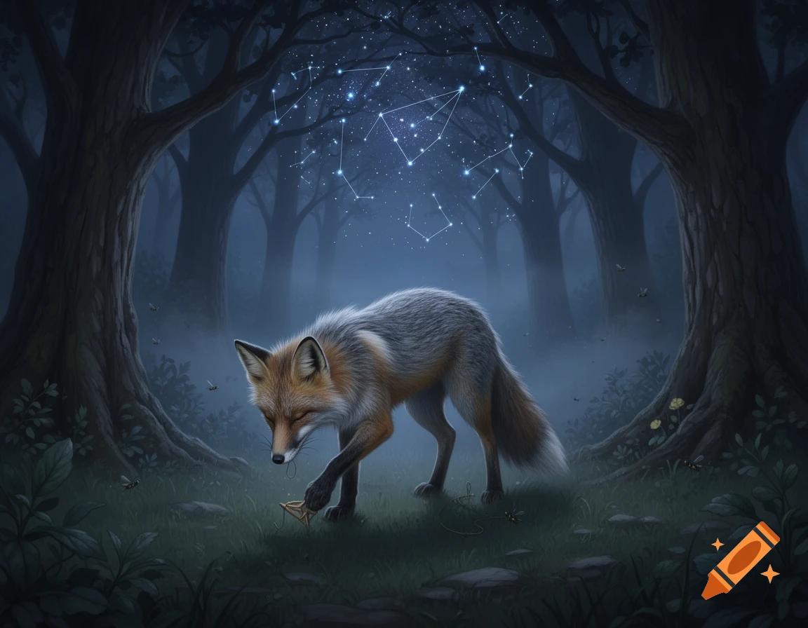 A grey and orange fox looks down at a small object in a dark, misty forest, with glowing constellations overhead.