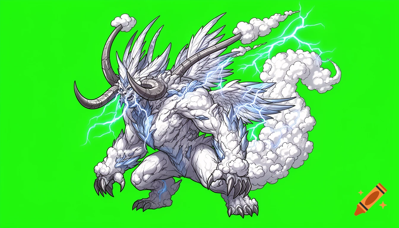 A cel-shaded white storm cloud monster with large horns, feathered wings, and blue lightning on a green background.