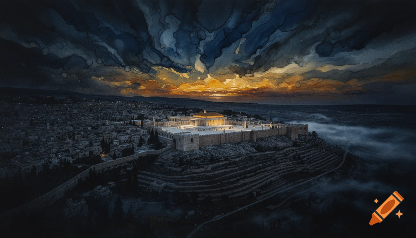 Mixed-media art: Aerial view of ancient Jerusalem with the glowing Second Temple at predawn, under an alcohol ink sky.