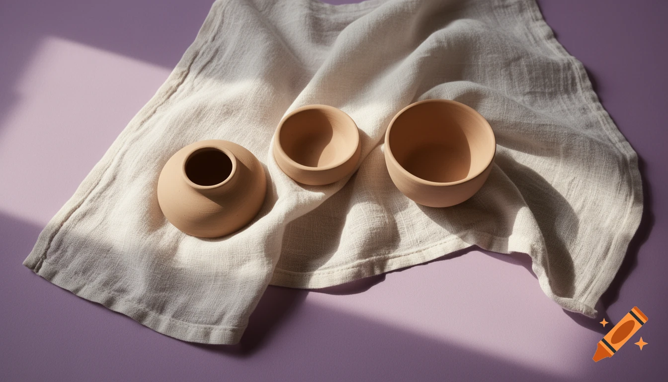 A minimalist flat lay of three beige ceramic vessels on a white linen cloth, set against a muted violet background with natural light and shadows.