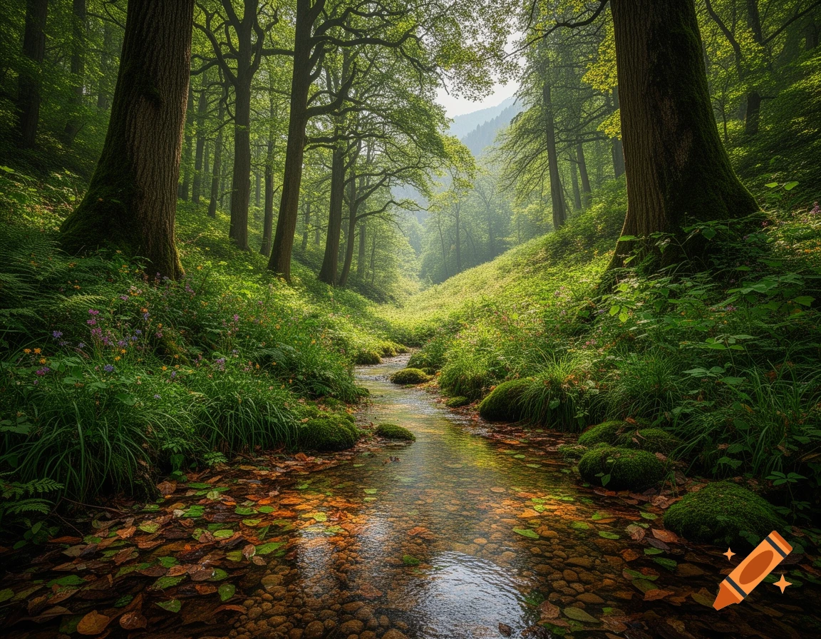 A serene, sunlit forest scene with a clear stream winding through green foliage and fallen leaves, tall trees line the banks.