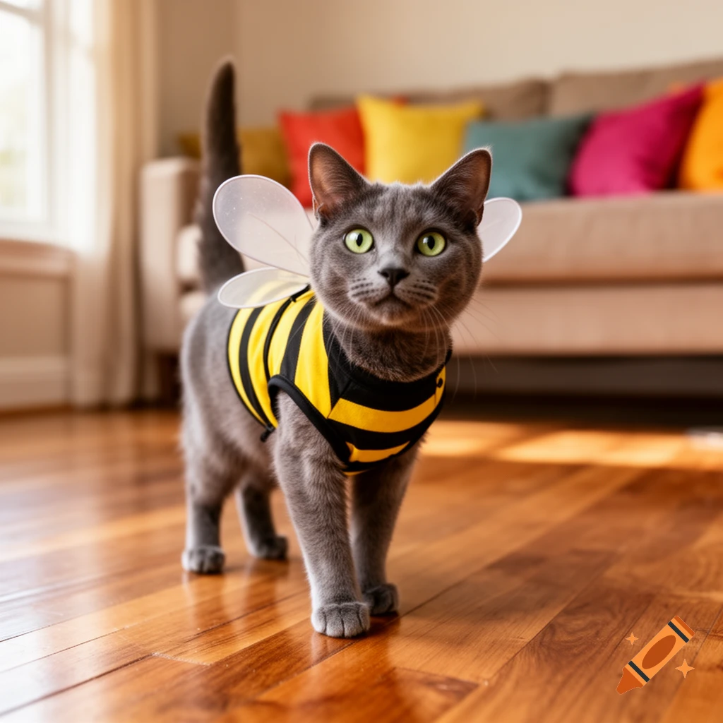 A cute grey cat with green eyes wearing a yellow and black bee costume, standing on a polished wooden floor in a home.