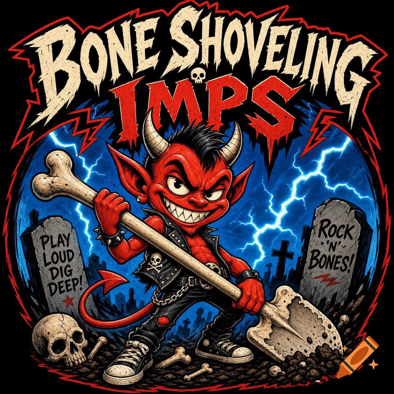 Cartoon red imp in a leather jacket holding a bone and shovel in a graveyard with lightning, "BONE SHOVELING IMPS" text.
