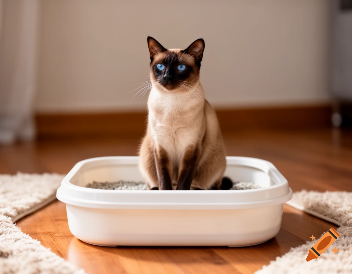 A photorealistic Siamese cat with bright blue eyes sits attentively in a white litter box on a wooden floor.