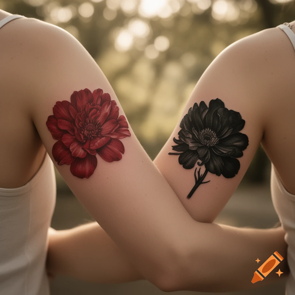 Close-up of two arms, one with a vibrant red flower tattoo and the other with a dark black flower tattoo, against a blurred nature background.