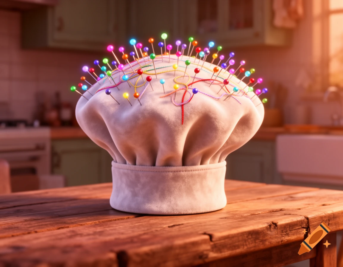 A Pixar-style animated chef's hat, repurposed as a colorful pincushion with glowing pins and threads, on a wooden kitchen table.