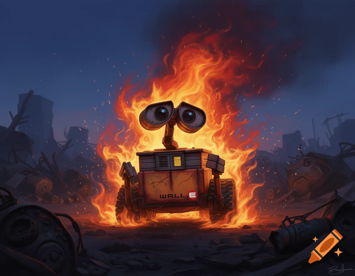 WALL-E robot engulfed in flames in a desolate, trash-filled landscape, animated style.