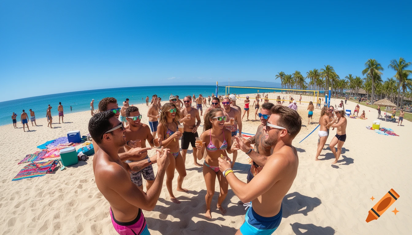 A vibrant beach party with many people in swimsuits and sunglasses, under a clear blue sky with an ocean backdrop.