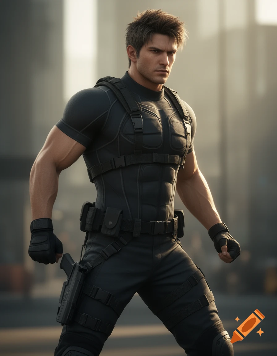 A muscular man in a black tactical suit with a holstered pistol and gloves stands outdoors, looking determined, in a photorealistic style.