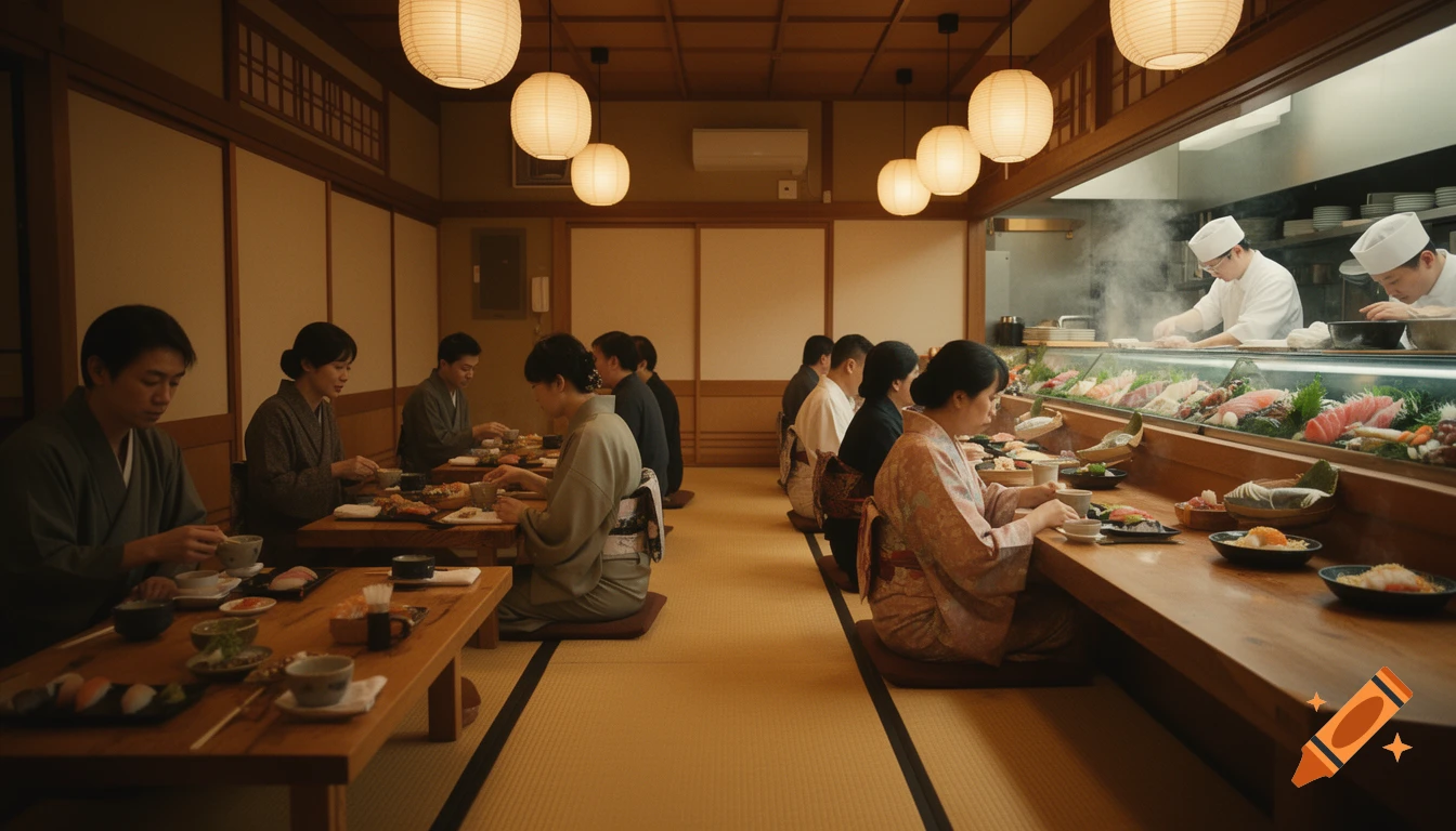 Diners in kimonos seated at low tables in a warm, traditional Japanese restaurant, with chefs preparing sushi behind a counter.