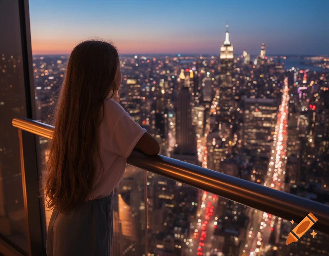 A girl with long hair stands on a high-rise balcony, looking over the illuminated New York City skyline at dusk.