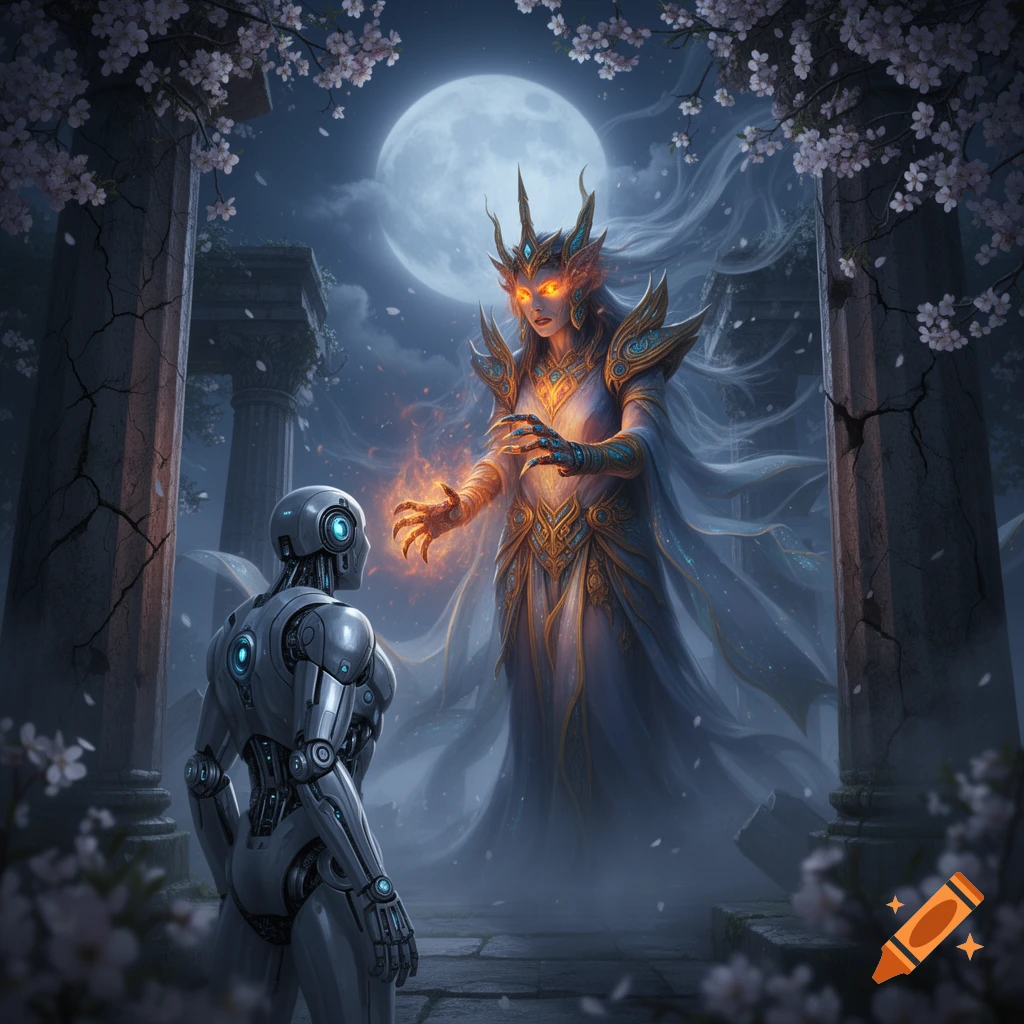 A gleaming robot faces an ethereal goddess with glowing hands in moonlit ancient ruins adorned with cherry blossoms.