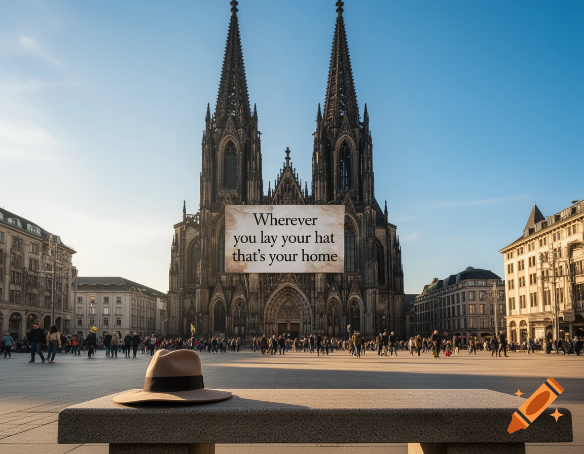 Cologne Cathedral and a hat on a bench in a sunny city plaza with text "Wherever you lay your hat that's your home".