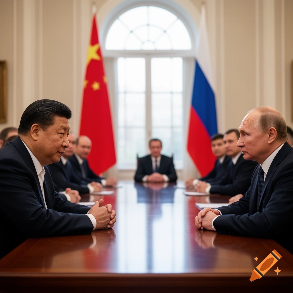 Xi Jinping and Vladimir Putin sit facing each other at a long wooden table during a formal meeting, with their national flags behind them.