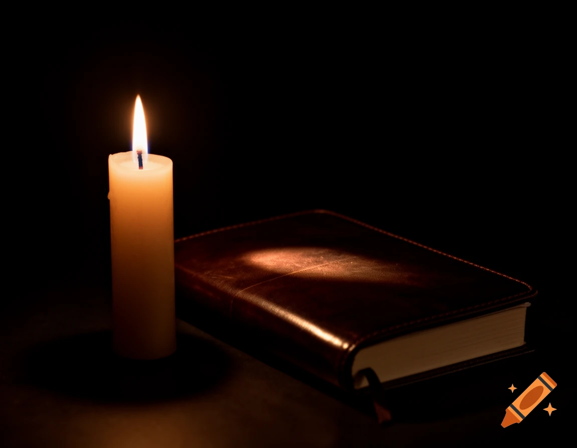 A burning candle illuminates a closed leather-bound book on a dark background, creating a calm and respectful atmosphere.