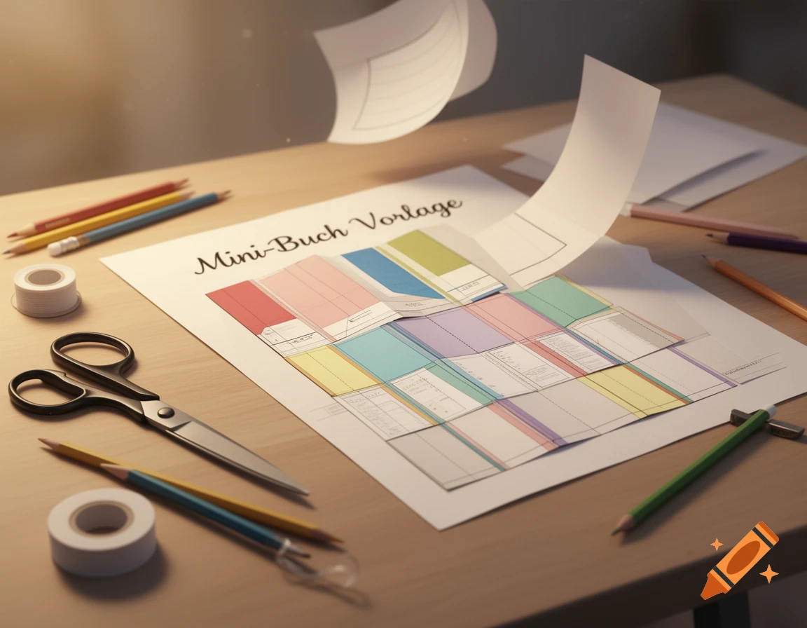 A mini-book template on a wooden desk with crafting supplies like scissors, pencils, and tape, with some paper floating above.