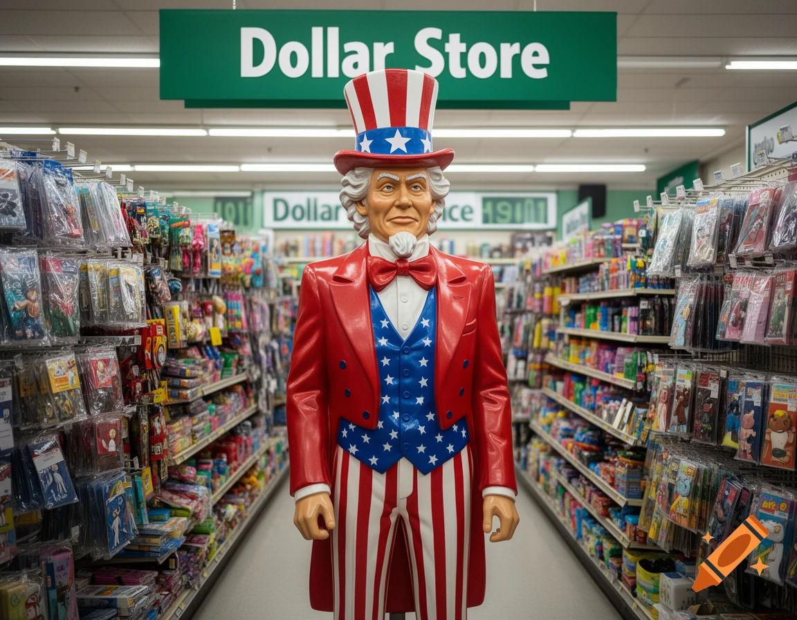 A photorealistic image of an Uncle Sam statue standing in the aisle of a brightly lit dollar store.