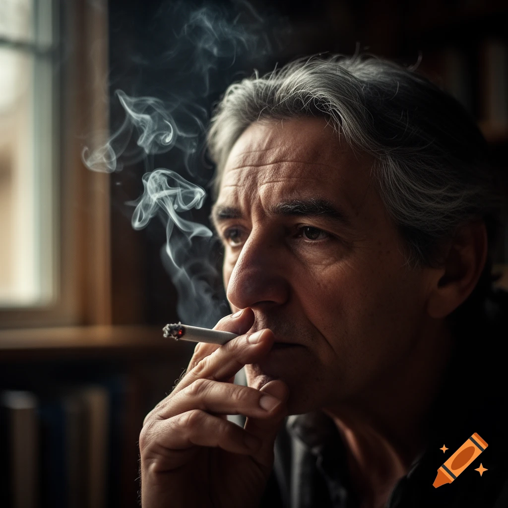 A photorealistic portrait of an older man with gray hair, deep in thought, exhaling smoke from a cigarette indoors.