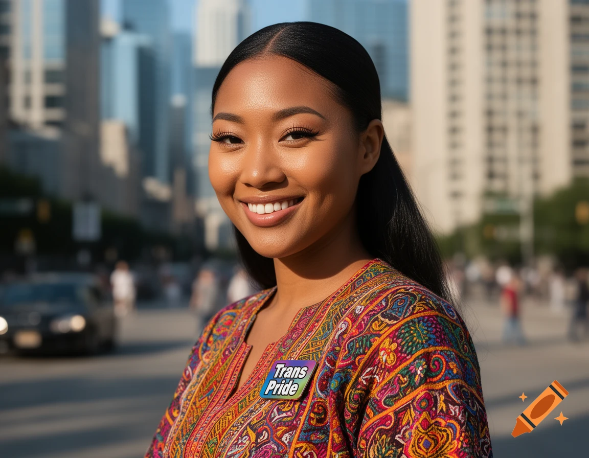 A smiling person with dark hair and a colorful patterned shirt wears a 'Trans Pride' badge in a city setting.