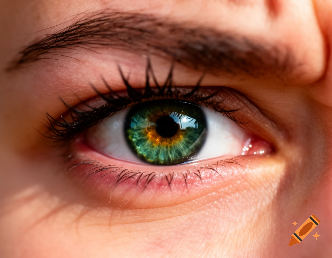Close-up of a vibrant green and orange human eye with long dark eyelashes, reflecting sunlight.