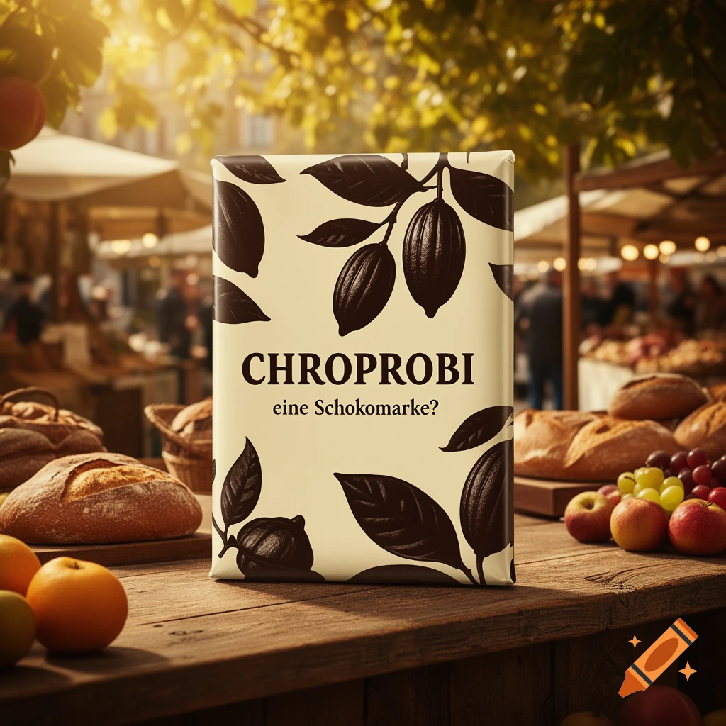 Photorealistic image of a chocolate bar with 'CHROPROBI eine Schokomarke?' text on a wooden market stall with bread and fruit, blurred people under a sunny autumn sky.