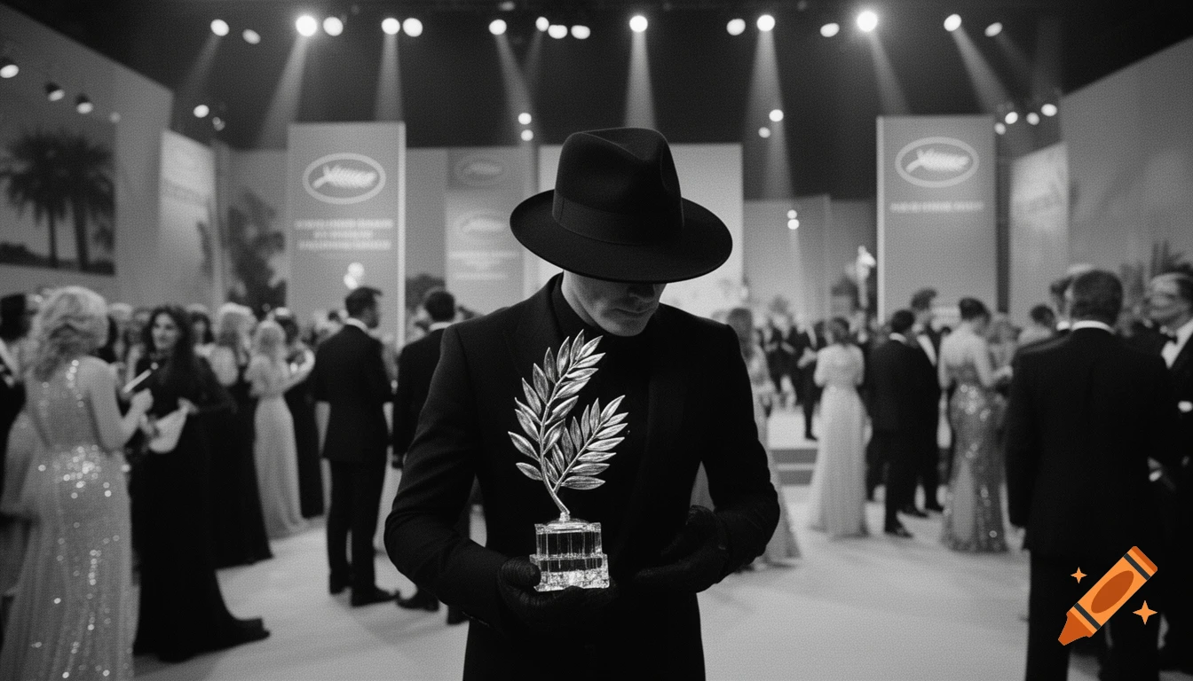 Monochromatic shot of a person in a fedora and suit holding a Palme d'Or trophy at a crowded, blurry awards event, surveillance style.