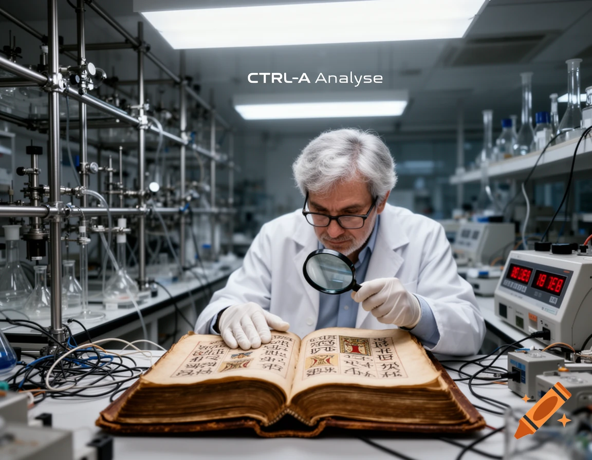A gray-haired scientist in a lab coat and glasses uses a magnifying glass to examine an old, open book in a laboratory filled with equipment.
