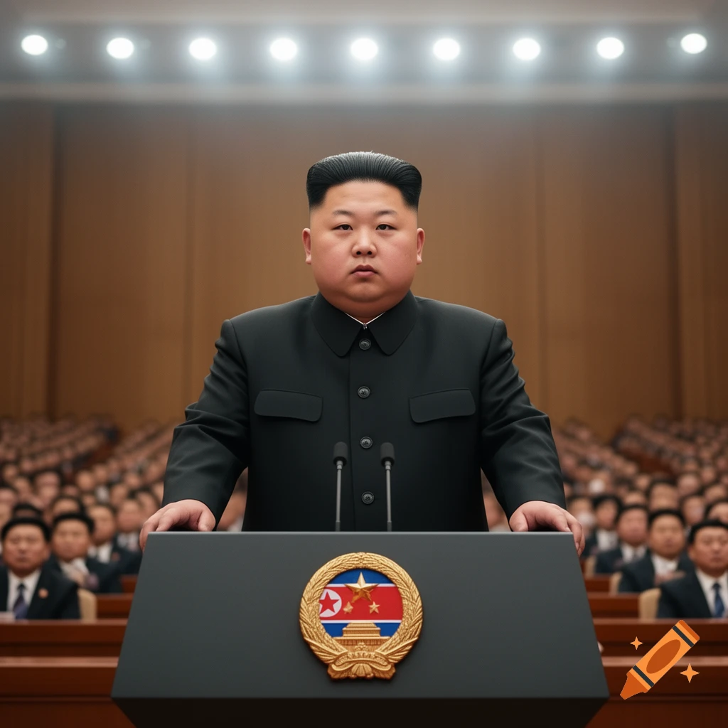 Kim Jong Un stands at a podium with a national emblem, addressing an audience in a formal hall.