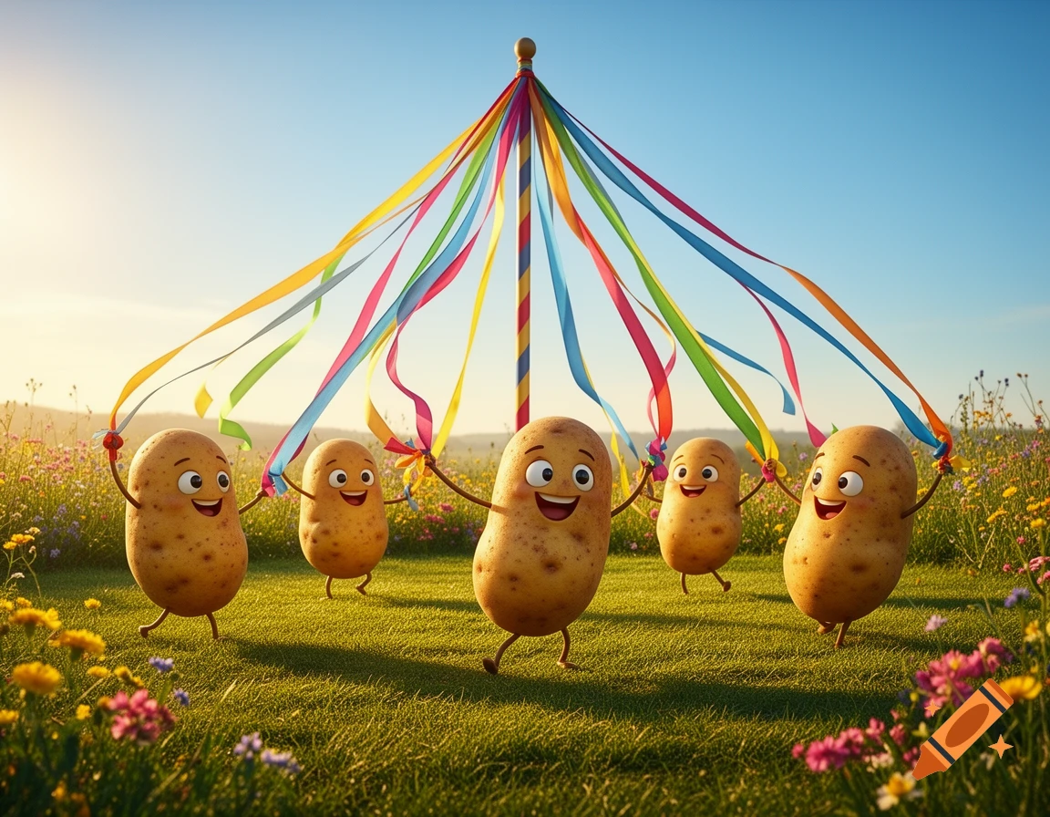 Five cute, smiling anthropomorphic potatoes joyfully dance around a colorful maypole in a sunny, grassy field filled with wildflowers.