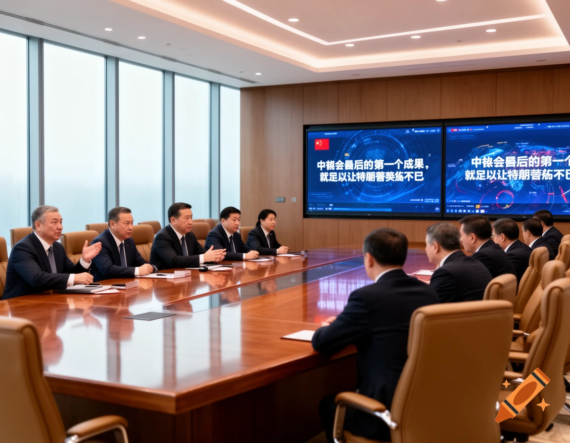 A professional conference room with men in suits seated around a long wooden table, facing two large screens displaying Chinese text. Photorealistic.