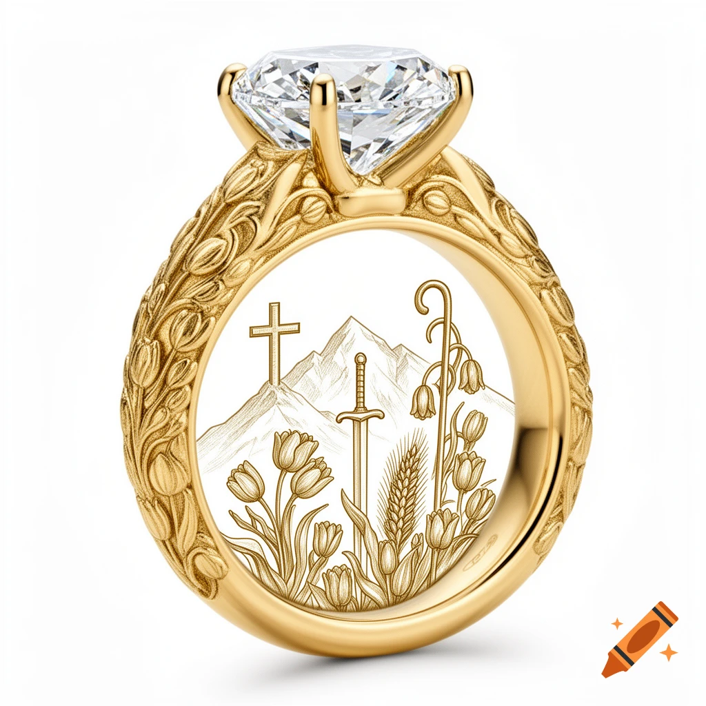 Luxury gold engagement ring with a large diamond, featuring intricate engravings of a cross, mountains, sword, wheat, and tulips.