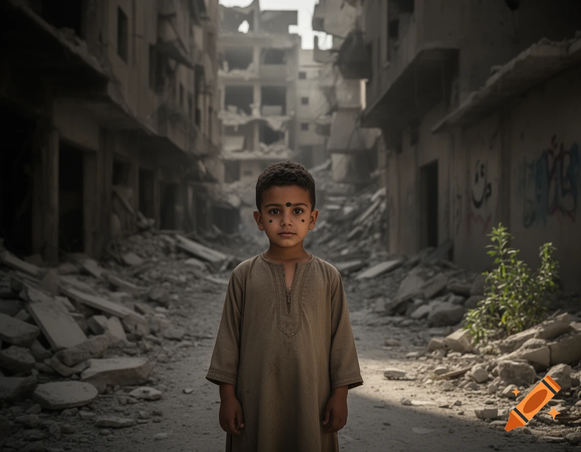 A young child in a brown tunic stands in a rubble-filled, war-damaged street with destroyed buildings in the background.