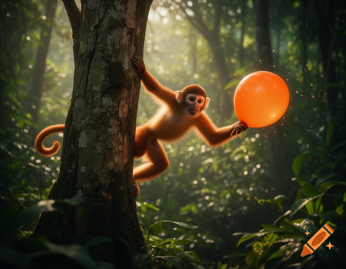 A photorealistic monkey in a vibrant jungle, climbing a tree while holding a glowing orange balloon.
