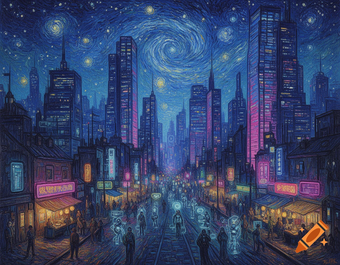 A vibrant cyberpunk city at night, with towering skyscrapers and glowing neon signs, rendered in the distinctive swirling brushstroke style of Van Gogh.
