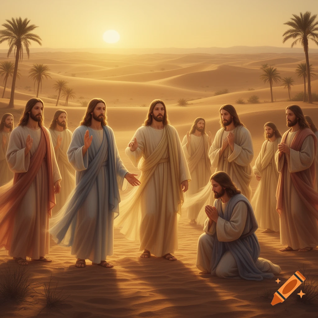 Multiple figures resembling Jesus and disciples gather in a desert landscape at sunset, with one figure kneeling.