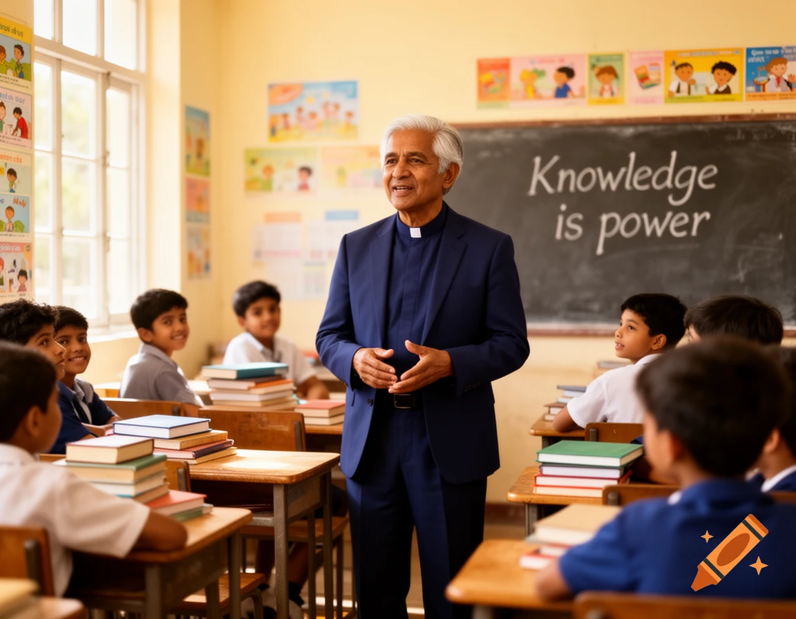 A male teacher in a suit stands in a classroom, speaking to students, with "Knowledge is power" written on the blackboard.