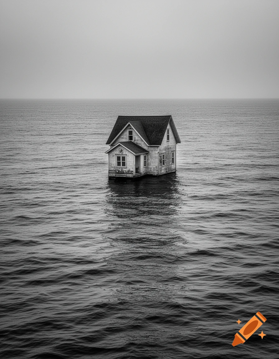An old, weathered house floats in a calm, dark ocean under an overcast sky, in black and white.