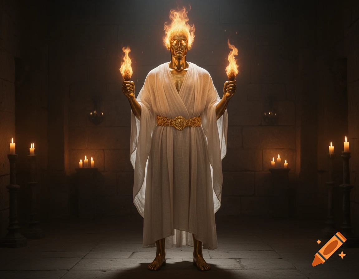 A golden man with a fiery head and glowing eyes, wearing a white toga and gold belt, holds two flaming torches in a dark, candlelit stone chamber.