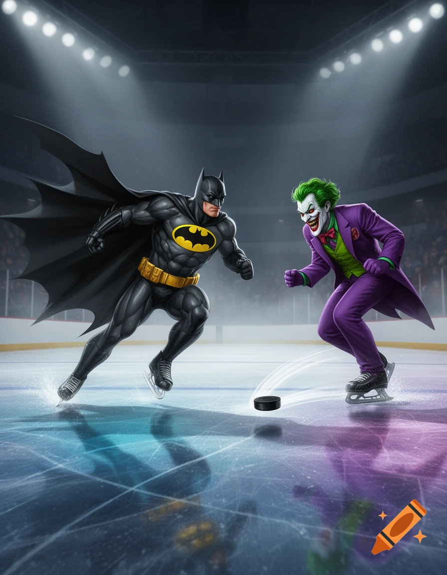 Comic illustration of Batman and Joker playing hockey on an ice rink.