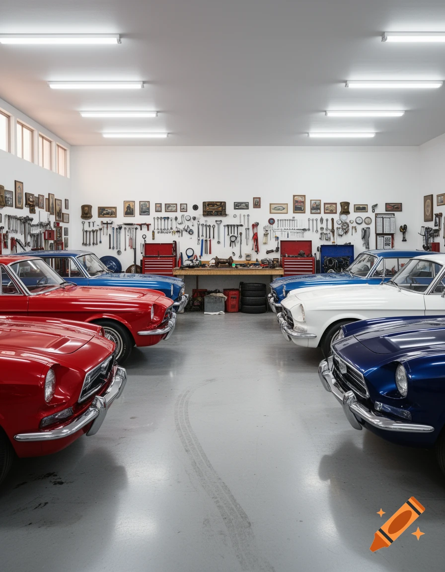 Classic cars parked in a brightly lit, organized garage with tools lining the walls.