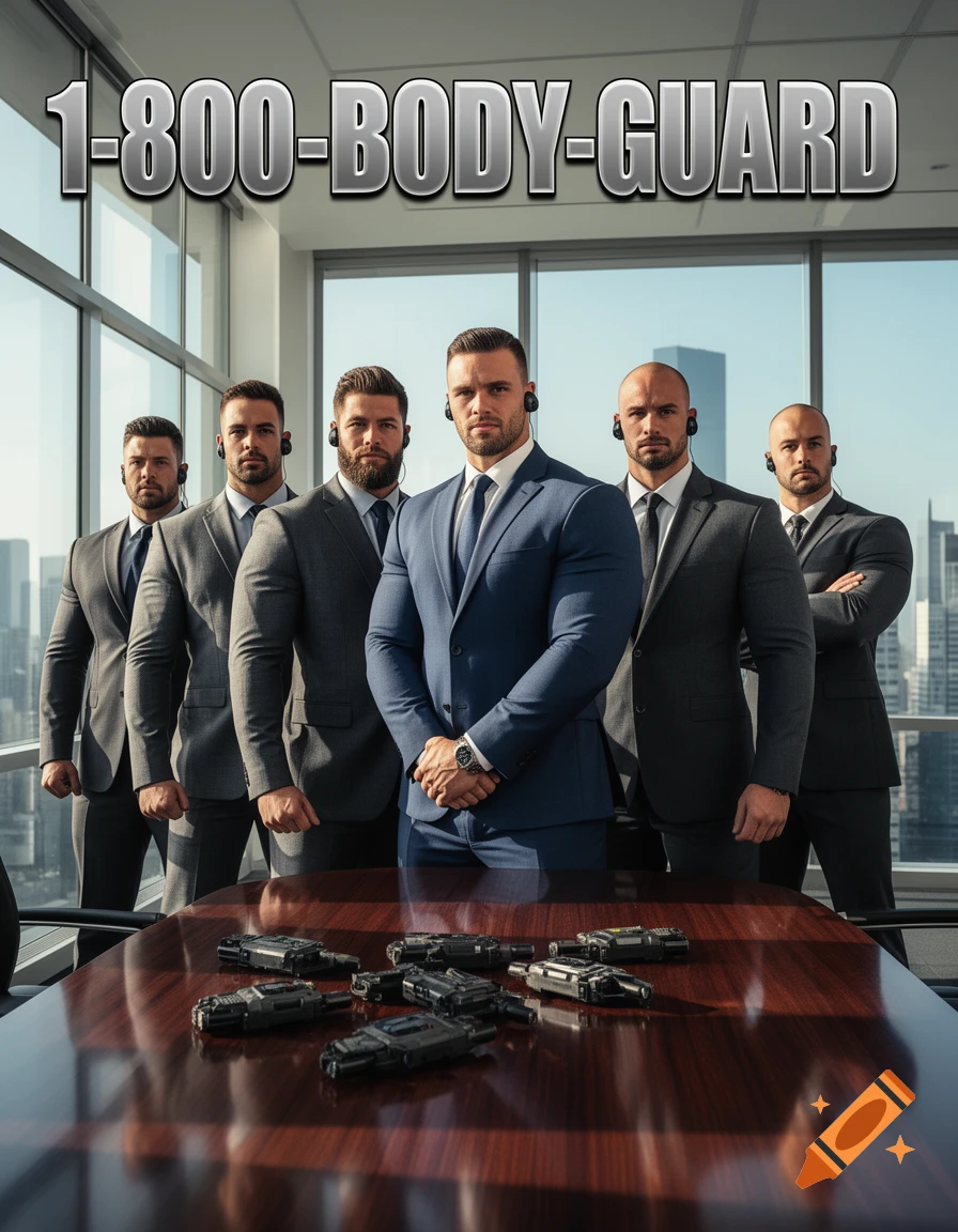 Five muscular men in suits stand behind a table with firearms in a modern office, with '1-800-BODY-GUARD' text above.