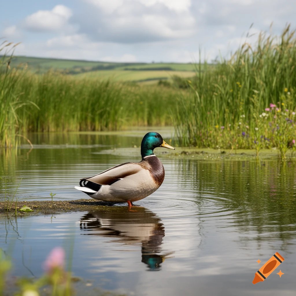 A mallard duck with a green head stands in shallow water surrounded by tall green reeds and a blue sky.