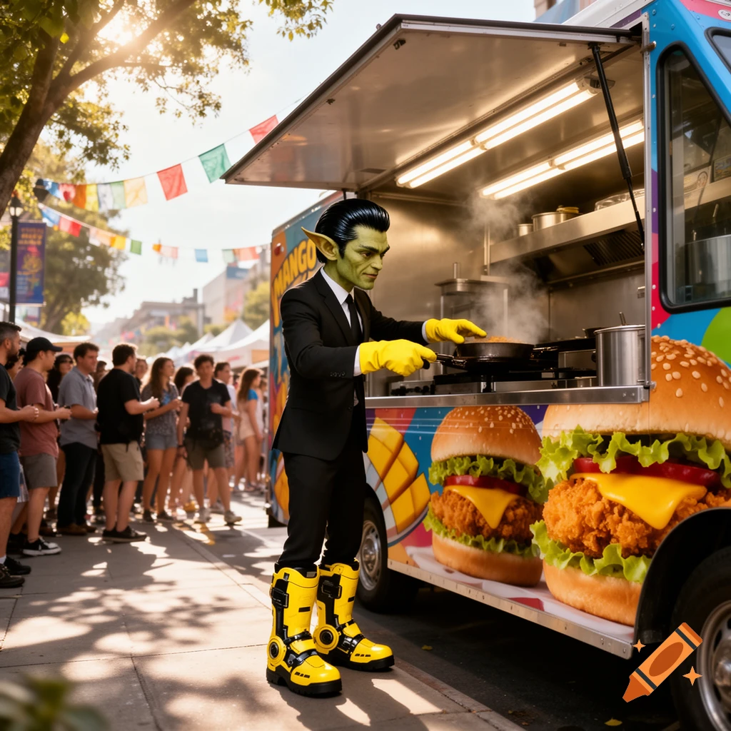A goblin chef in a business suit, yellow gloves, and tech boots cooks at a food truck featuring huge fried chicken burgers at a sunny street fair.