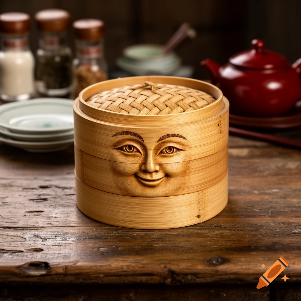 A close-up of a bamboo steamer with a carved smiling face, sitting on a rustic wooden table with a red teapot and plates in the background.