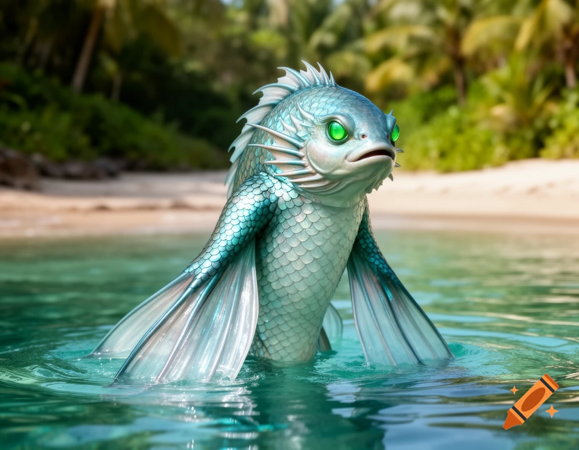 Photorealistic fish-person with glowing green eyes and shimmering scales, standing in clear shallow water on a tropical beach.