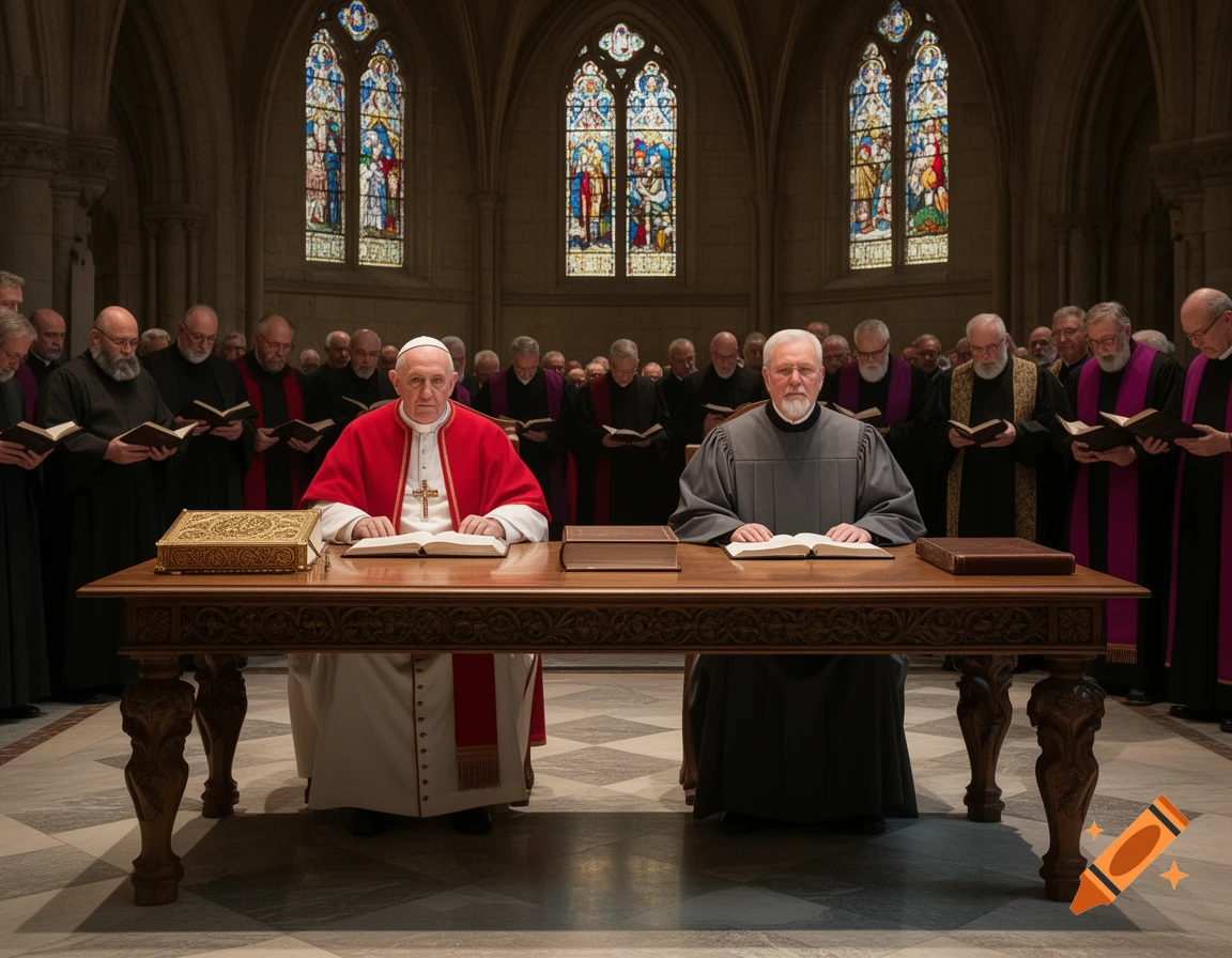 A Pope in red and white robes and another clergyman in gray robes sit at a wooden table in a grand church, surrounded by other clerics reading books.