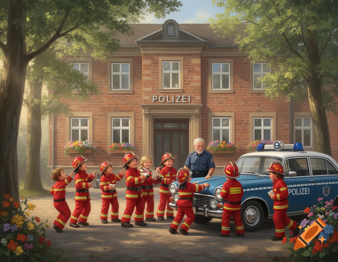 Painterly image of children in firefighter uniforms visiting a German police station and a police officer, with a police car nearby.